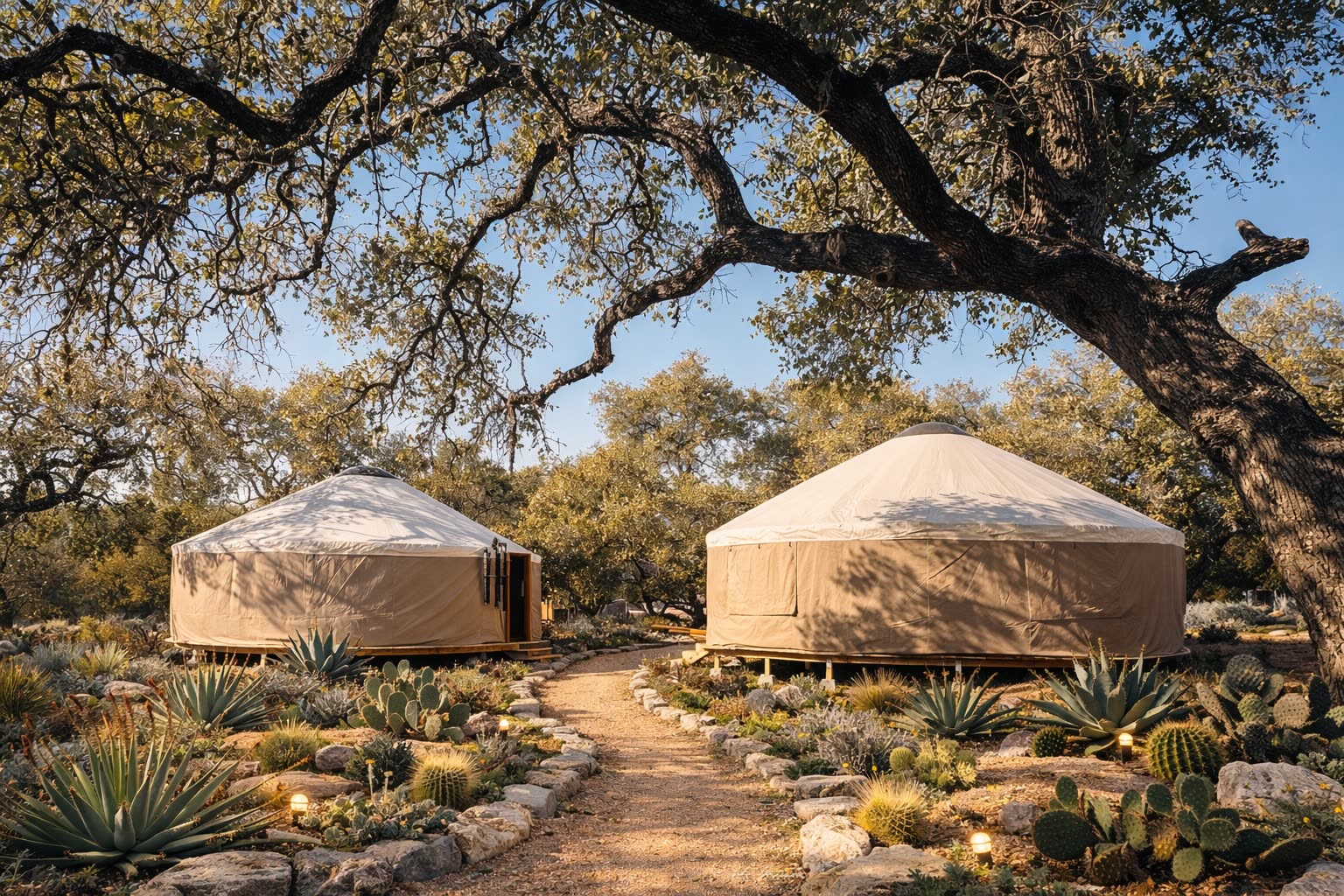 Ceremonial yurt at AWKN Ranch &mdash; where psychedelic retreat sessions are held near Austin, Texas